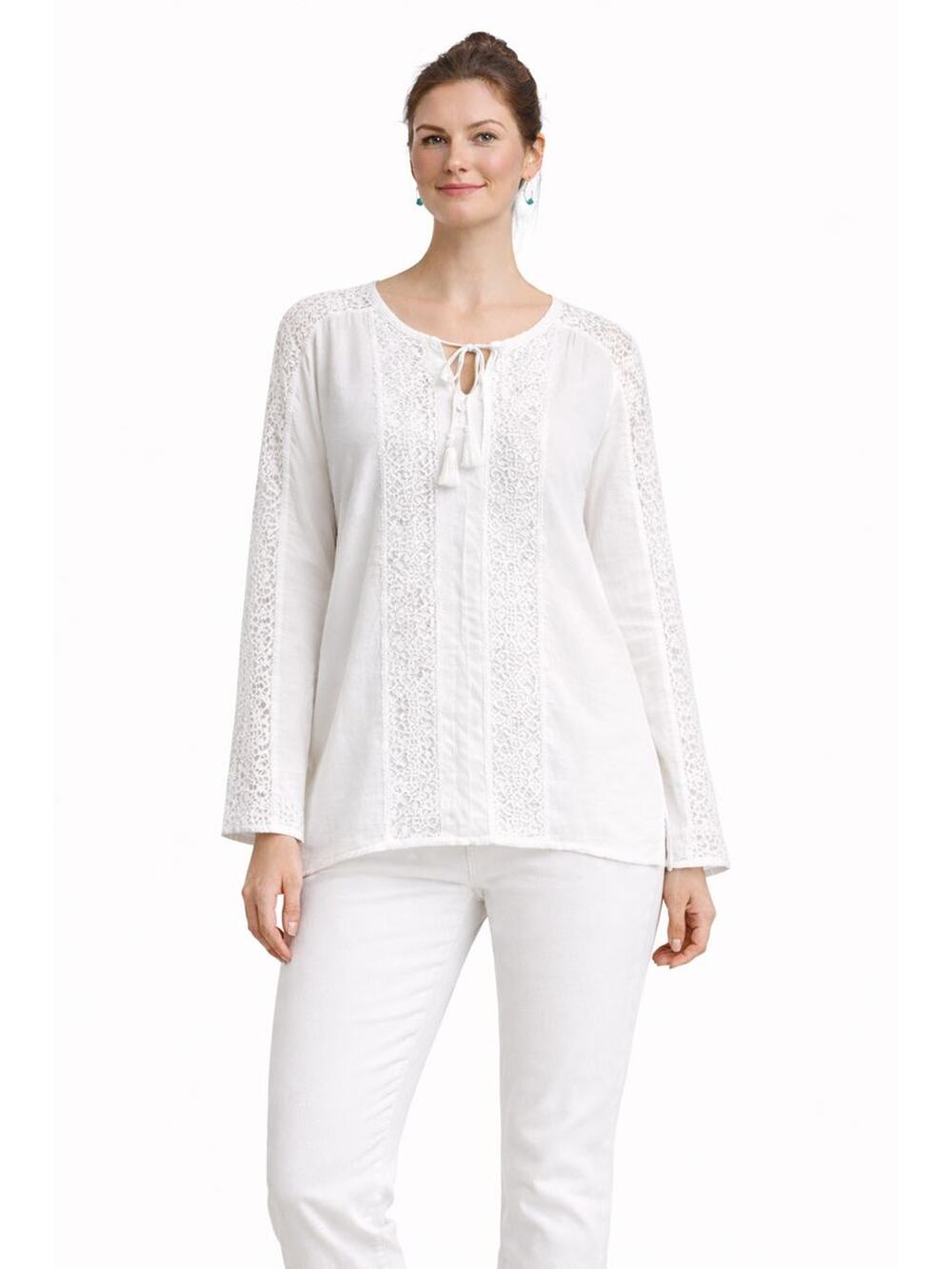 Lucky Brand Womens Lace Tasseled White Cotton Blend Top Blouse XL